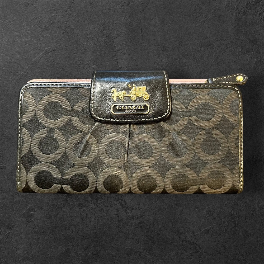 Coach Large Signature C Jacquard Bifold Wallet Black Pink Horse and Carriage